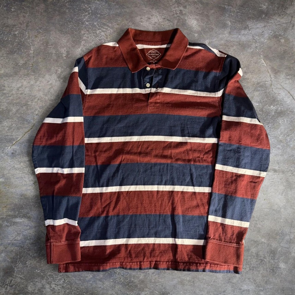 St Johns Bay Mens M Rugby Polo Shirt Burgundy Navy Striped Long Sleeve Preppy